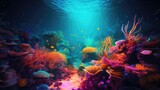 Fototapeta Do akwarium - Underwater sea wold with coral, fish and colorful fishes, virtual reality world with Neon 3d Abstract Landscape inside Metaverse world with glowing neon light and glow