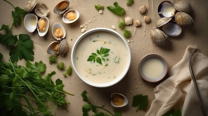 Wall Mural - Clam chowder in a bowl, rich and creamy soup, bursting with the flavours and textures of shellfish, bacon and potatoes, top view, flat lay, ai illustration 