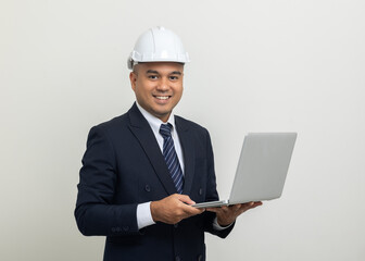 Wall Mural - Businessman manager owner real estate working with laptop computer on isolated white background. Cooperation of architect designer. Engineer with safety helmet checking at working construction site