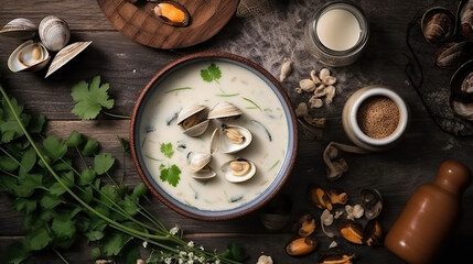 Wall Mural - Clam chowder in a bowl, rich and creamy soup, bursting with the flavours and textures of shellfish, bacon and potatoes, top view, flat lay, ai illustration 