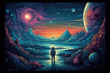 Wall Mural - lonely astronaut, the universe and colorful planets in the background. generative ai.