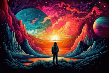 Wall Mural - lonely astronaut, the universe and colorful planets in the background. generative ai.