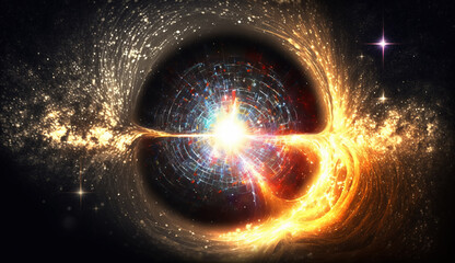 Energetic explosion of matter and energy in space. Artist’s representation.