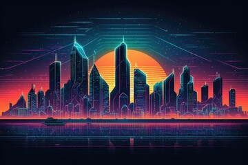 Wall Mural - futuristic city skyline at sunset generative ai