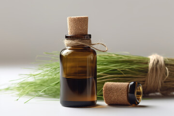 Floral and ayurvedic essence of herb Vetiver grass or Khus in a small bottle used in many beverages of Indian and Asia with fresh vetiver grass. Created with generative AI tools