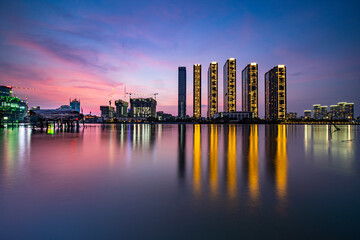 Sunset on the Saigon riverside, Ho Chi Minh city, Vietnam. Photo taken in the May 2023