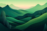 Fototapeta Natura - Abstract green nature landscape with mountains and hills background minimalistic illustration. Generative AI