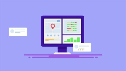 Wall Mural - Local SEO software displaying information traffic growth and suggests optimization data, business listing management geo ranking tool on computer screen, animation video.