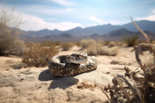 Image Of Rattlesnake On The Sand. Reptile. Wild Animals. Illustration. Generative AI.