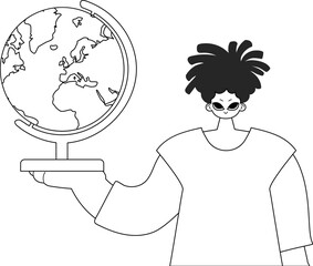 The individual with the globe. Learning subject. Dim and white line craftsmanship. Trendy style, Vector Illustration