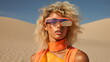 © Ricky - model wearing orange 80s foil sunglasses in desert dunes with sun and wind, summer fashion editorial made with generative ai