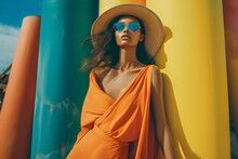 Model Wearing Orange Draped Dress, Hat And Sunglasses In Sun With Colored Pipe Background, Summer Fashion Editorial Made With Generative Ai