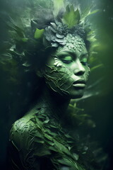 green woman covered in leaves, fantasy character representing the environment, made with generative ai