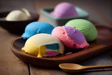 Wall Mural - The colorful mochi dessert ice cream on wood plate. Generative Ai