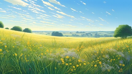 A painting of a winding field with yellow flowers in the distance, an image of a tranquil and beautiful landscape - AI Generative