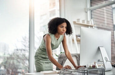 Poster - Busy, typing and woman on computer for office online management, planning or productivity in hr career. Human Resources worker or african person working on desktop pc and keyboard for business or job