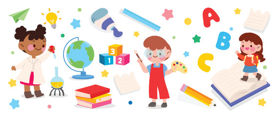 Welcome back to school  background vector. Cute childhood illustration with student, book, lab tube, globe, ruler, color plate, pen. Back to school collection for prints, education, banner.