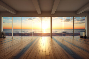 Creative interior concept. Wide large window oak wooden room gallery opening to beach sunset landscape. Template for product presentation. Mock up 3D rendering