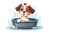 Generative AI cartoon-style illustration depicting a cute dog taking a bath full of soap suds. Copying space.