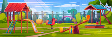 Playground Park In Kindergarten Cartoon Summer Landscape Background. Outdoor Play Ground Recreation For Children In Public Area With Cityscape Scenery. Ladder, Sandpit And Seesaw Childhood Activity