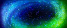 Green Blue Nebula Light Sky Galaxy Background. Abstract Universe Cosmic Starry Texture. Deep Galactic Night Illustration With Stardust Infinity Energy Glow. Realistic Outer Aurora Shine Backdrop