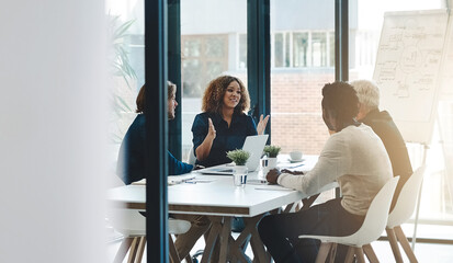 Leinwandbilder - Planning, teamwork and meeting with business people in boardroom for strategy, brainstorming and solution. Corporate, collaboration and conference with employees in office for negotiation development
