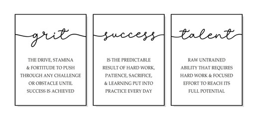 Wall Mural - Grit, Success, Talent. Motivational wall art. Inspirational quotes canvas art for home, office wall decor. Positive quotes. Grit, Success, Talent poster frame. Quote 3 piece print posters.