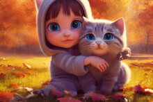 Cute Little Girl Holding An Adorable Kitten, With The Golden Colored Fall Trees In The Background, Generative Ai
