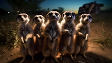A Group Of Meerkats Stand In A Row, Their Heads Are Turned To The Side.