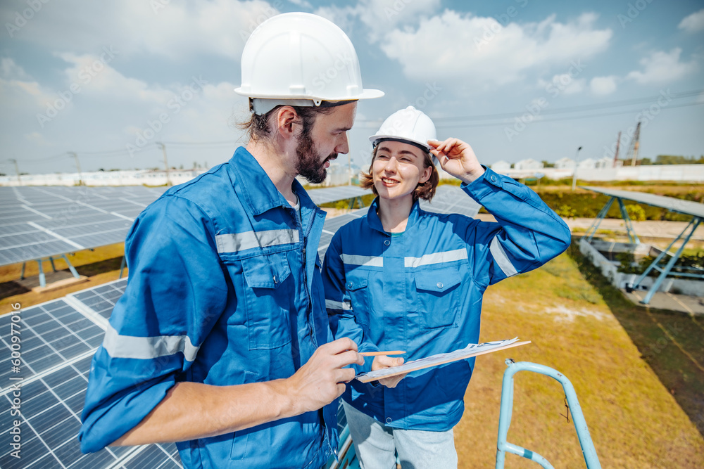 Solar engineers visually examine panel arrays on farm sites using ...