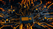 Video Camera Technology Concept With Recording Symbol On A Microchip. Orange Neon Data Flows Between Users And The CPU Across A Futuristic Motherboard. 3D Render.