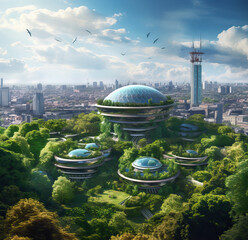 cityscape in futuristic sustainable city with green spaces, generative ai illustration