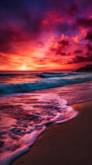 Wall Mural - Colorful sunset over the beach with ocean waves. Generative AI