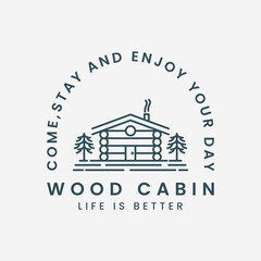 Wall Mural - wood cabin line art vector logo template illustration design, house with pine tree icon logo design