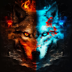 Poster - Two wolfs facing each other with fire and water in their eyes and on their backs. Generative AI.