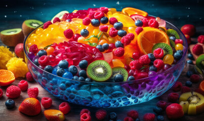 Poster - Bowl filled with lots of different kinds of fruit on top of table. Generative AI.