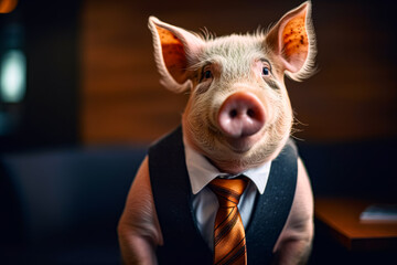 Poster - Pig wearing tie and vest with tie on it's neck. Generative AI.