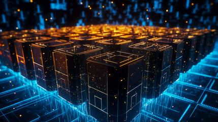 Wall Mural - Group of cubes that are in the middle of room with blue and yellow lights. Generative AI.