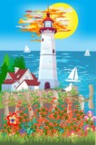 Fototapeta  - composition with a lighthouse and buildings against the background of the sea and flowers,