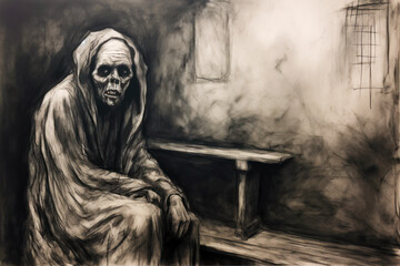 Sticker - Black and white drawing of skeleton sitting on bench in dark room. Generative AI.