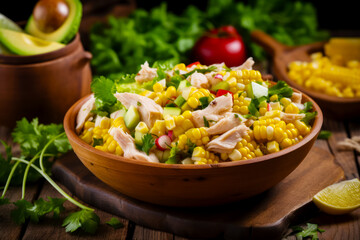 Canvas Print - Wooden bowl filled with salad on top of wooden cutting board. Generative AI.