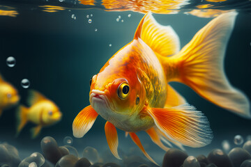 Poster - Close up of goldfish in aquarium with rocks and water. Generative AI.