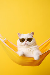 Wall Mural - White cat wearing sunglasses laying in hammock on yellow background. Generative AI.