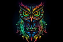 Colorful Owl With Big Eyes On Black Background With Black Background. Generative AI.