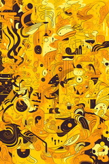 Canvas Print - Yellow and black abstract background with lot of different shapes and sizes. Generative AI.