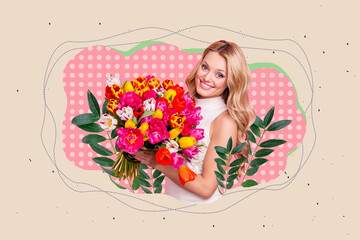 Poster - Poster banner creative collage of beautiful beauty young lady wife have big flowers bunch from boyfriend on 8 march