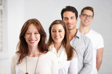 Wall Mural - Portrait, group and business people in a row with leadership in office workplace together. Smile, friends and employees standing in line or queue with teamwork, collaboration or solidarity in company