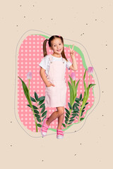 Sticker - Magazine template collage of cute little girl make v sign posing in garden flowers have charming summertime weekends