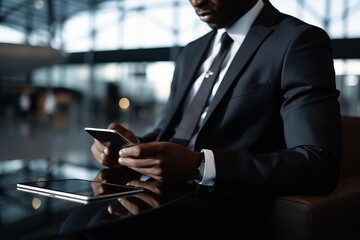 An employee working from a tablet at an airport. Generative AI.