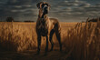 Great Dane, majestically standing on grassy field, with a regal expression & powerful physique. lighting casts warm golden glow over the scene highlighting dog's imposing presence. Generative AI